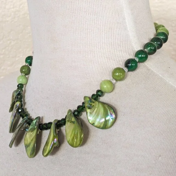 Iridescent Lime & Forest Green Shell Agate Statement Bib Necklace